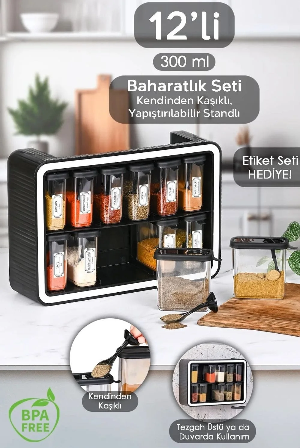 Olinman 12’li Kendinden Kaşıklı Baharatlık Seti – 300 ml – Duvara Yapışan Standlı - Resim 3