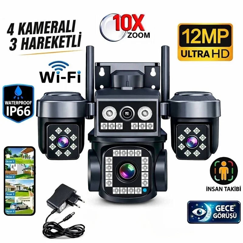 4 Kameralı Ultra HD 360 Dönebilen Kablosuz Wifi Kamera