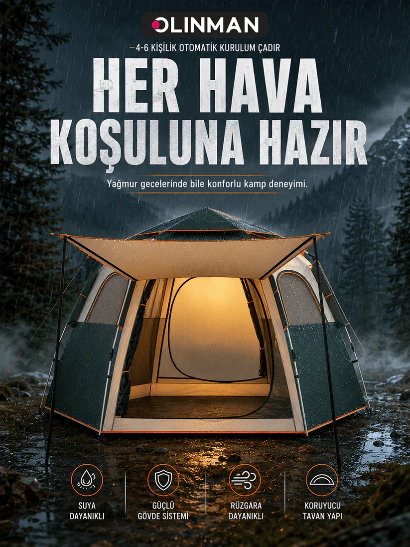 Olinman 4-6 Kişilik Otomatik Kurulum Çadır görsel 3